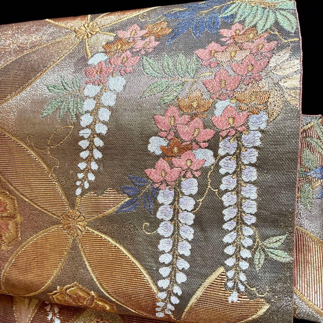 美品 藤の花 金 七宝紋様 正絹 袋帯 二重太鼓 作り帯 - メルカリ