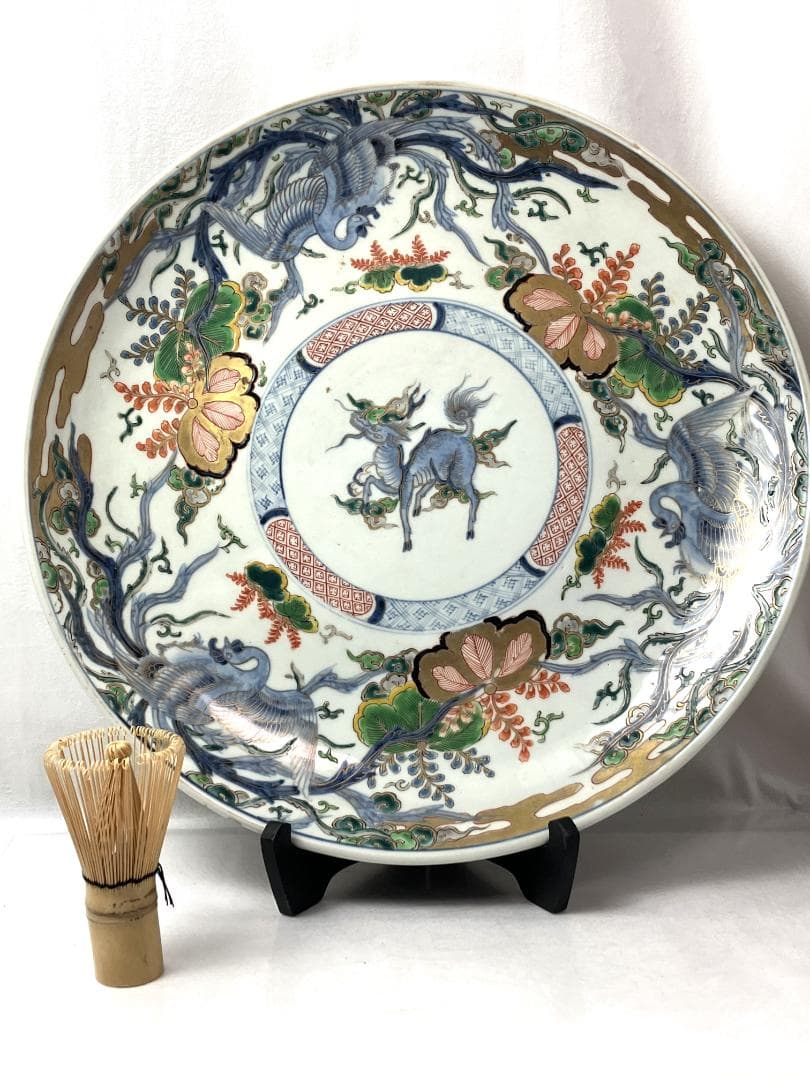 幕末～明治 伊万里焼 角福 『鳳凰金彩手見込麒麟図』大皿 直径：約40.5