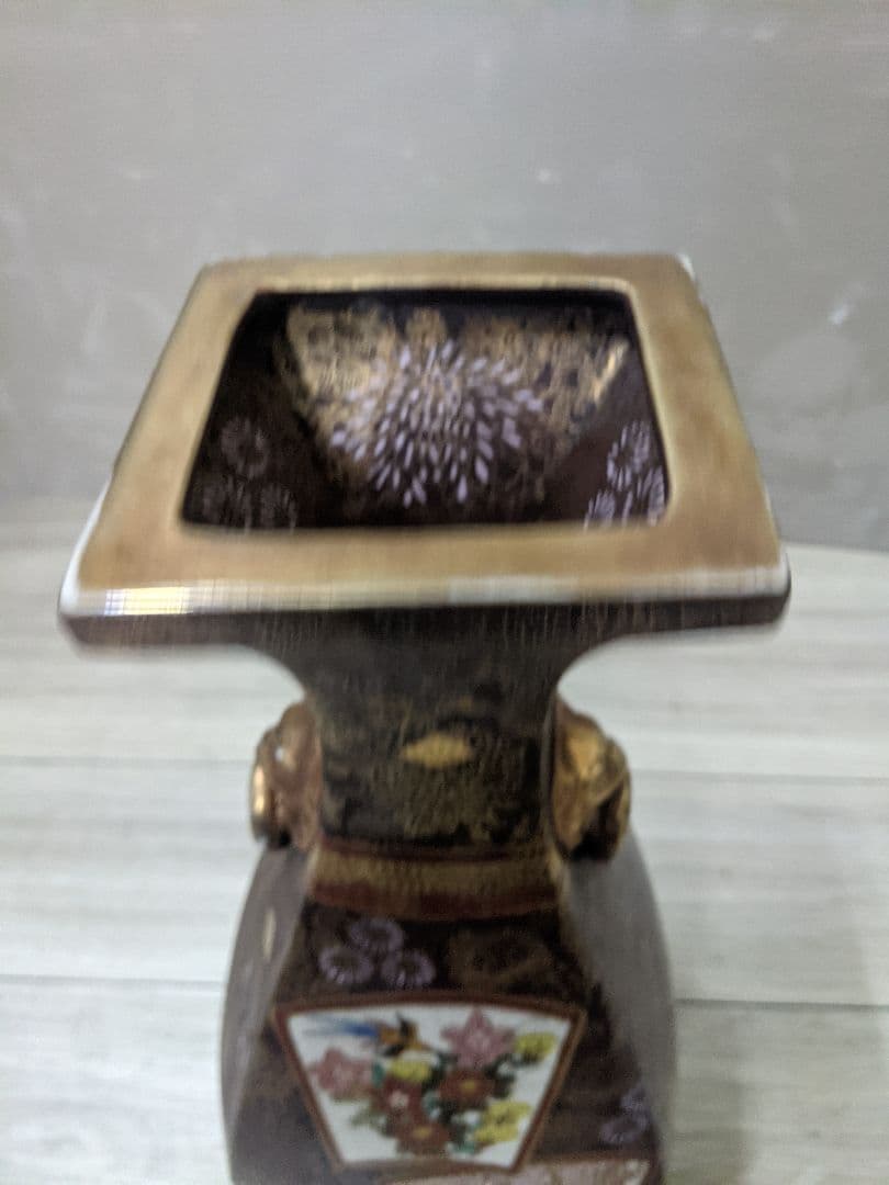 薩摩焼 飾り壷 金彩 金つぶ 山水 花鳥文 花瓶 連山 飾り耳付 薩摩焼 飾り