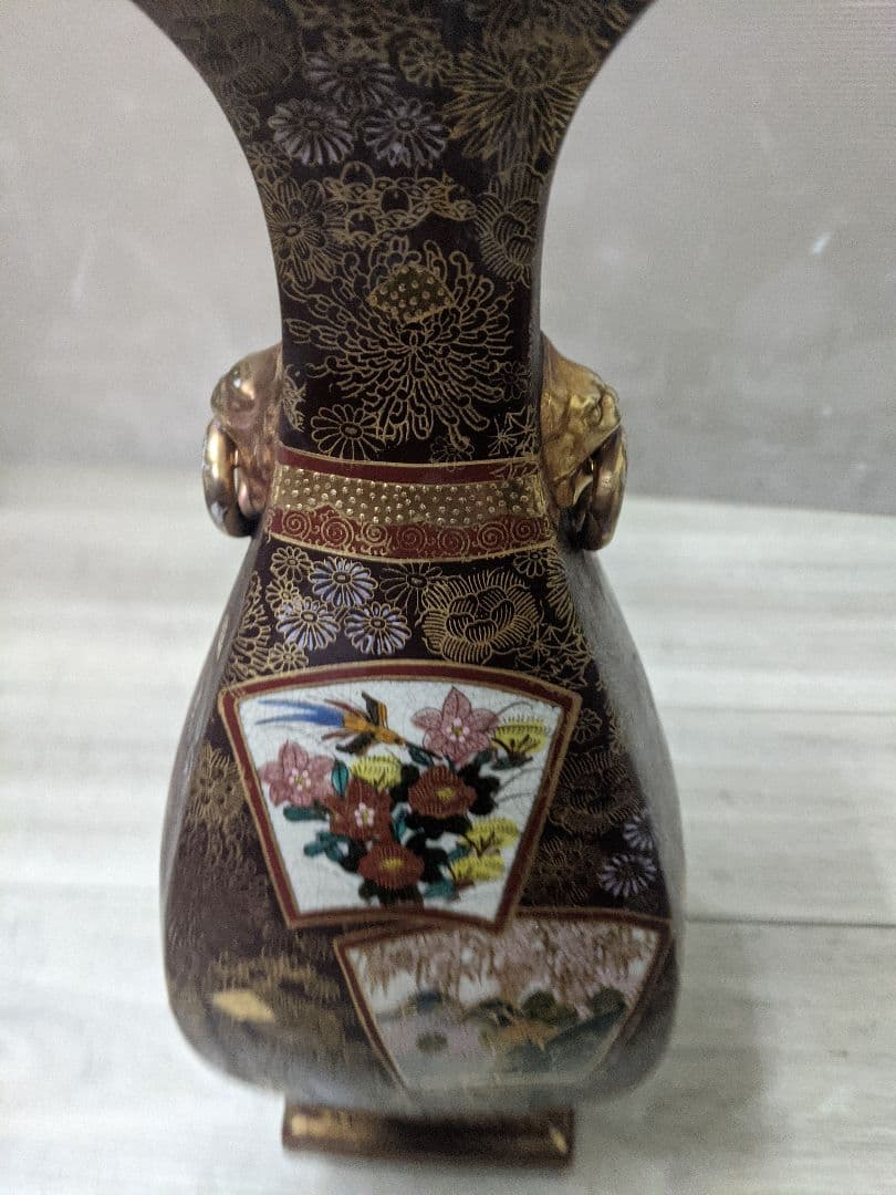 薩摩焼 飾り壷 金彩 金つぶ 山水 花鳥文 花瓶 連山 飾り耳付 薩摩焼 飾り