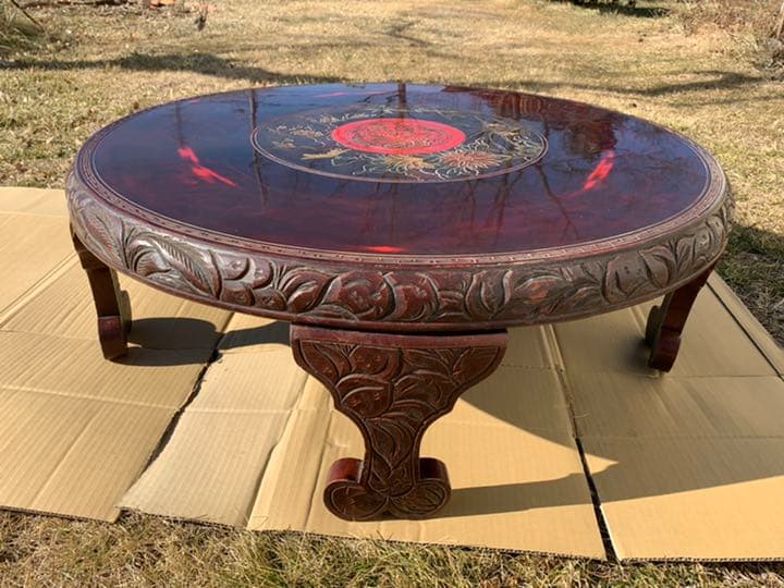 丸テーブル ちゃぶ台 中国座卓 卓 彫り アンティーク 昭和レトロ