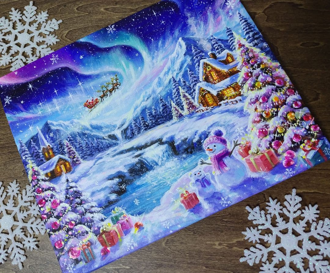 琥*ん様 【オーロラが輝く日】アクリル画 F3 風景画 絵画 琥*