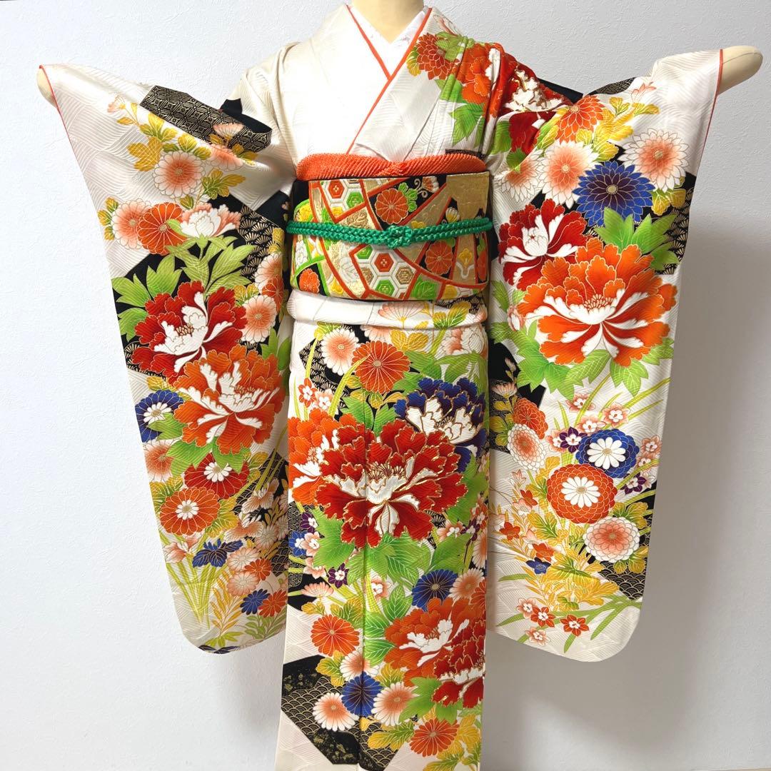 386 振袖フルセット 正絹 橙 黄色 黒 絞り 金彩 駒刺繍 レトロ 古典柄 最