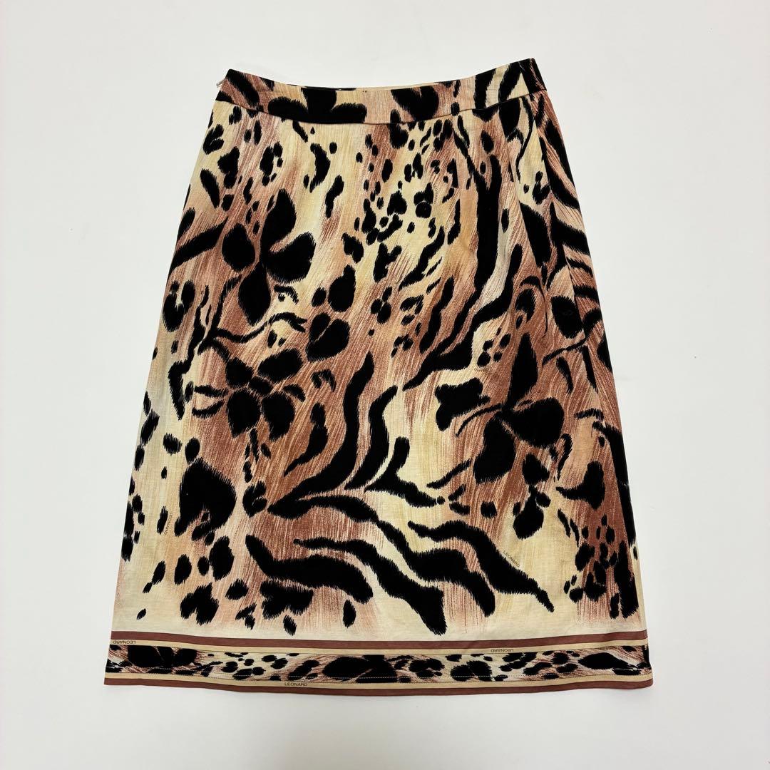 LEONALD レオナール☆レオパード柄膝丈タイトスカート 38 ベージュ系