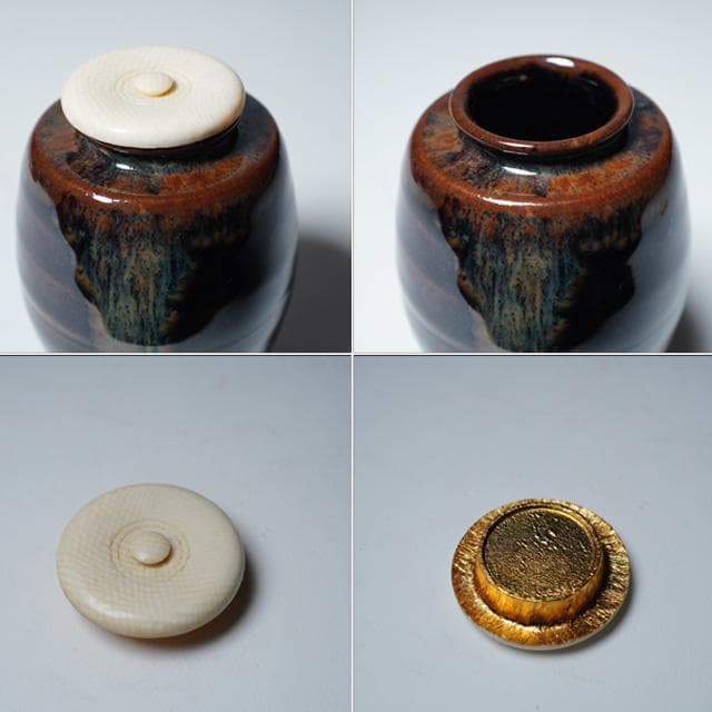 万代喜山 肩衝茶入 共箱 仕服：珠光緞子 茶道具 濃茶