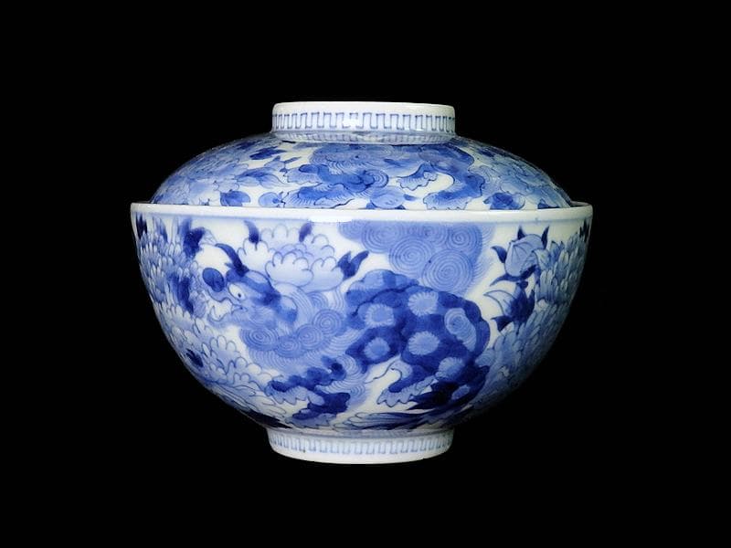 平戸　染付　唐獅子牡丹の図　蓋茶碗　E863AS-COz