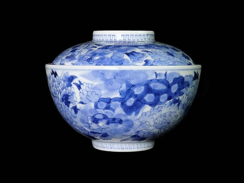 平戸　染付　唐獅子牡丹の図　蓋茶碗　E863AS-COz