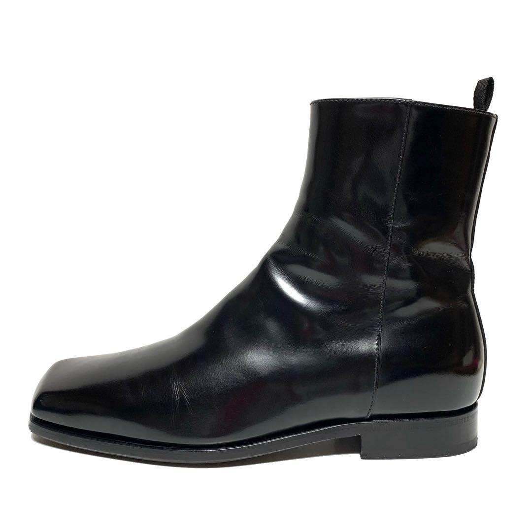 ☆良品 プラダ スクエアトゥ レザー サイドジップ ブーツ 黒 イタリア製 革靴