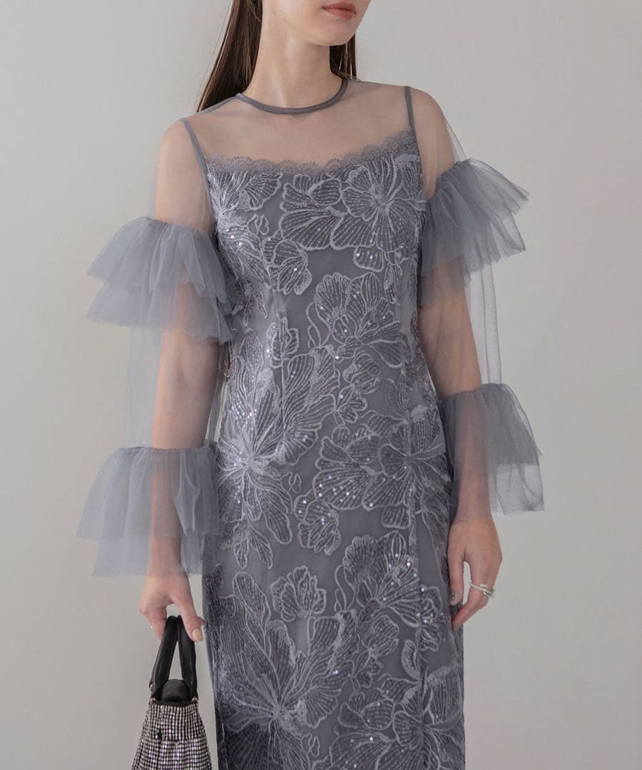 【himawari.】LEJA フリルチュールスリーブレースIラインワンピ