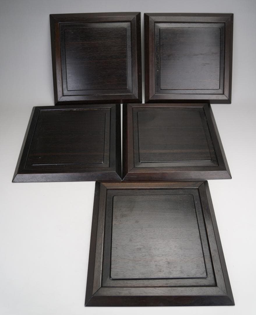 手彫り五君子漢詩文唐木四方皿五客揃い作家在銘煎茶道具