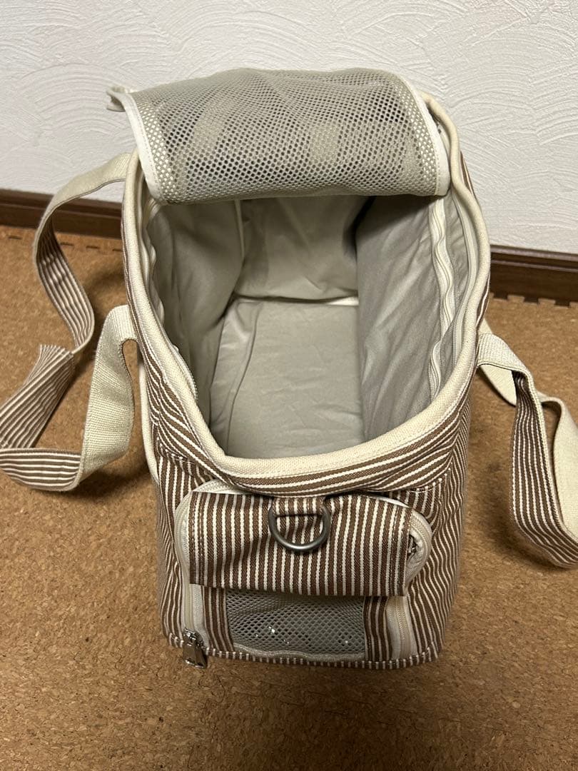 値下げ】犬猫 ストライプ キャリーバッグ 布製 メッシュ窓付き