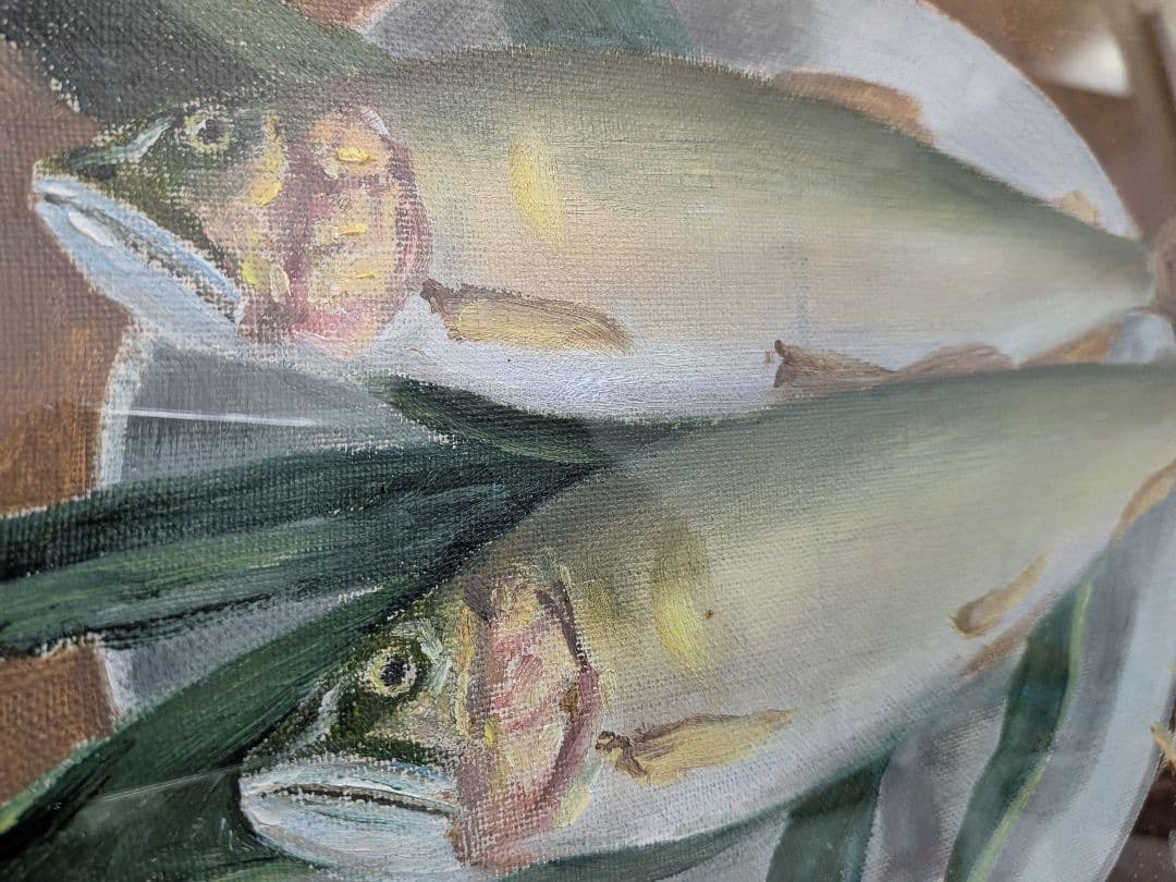 油絵「鮎2匹皿上並びにスダチ」昭和時代頃額サイズ横幅57X縦