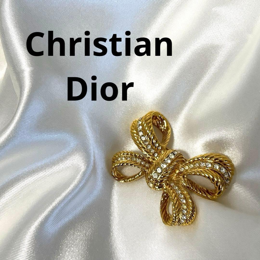 クリスチャンディオール リボン ブローチ ラインストーン ゴールド