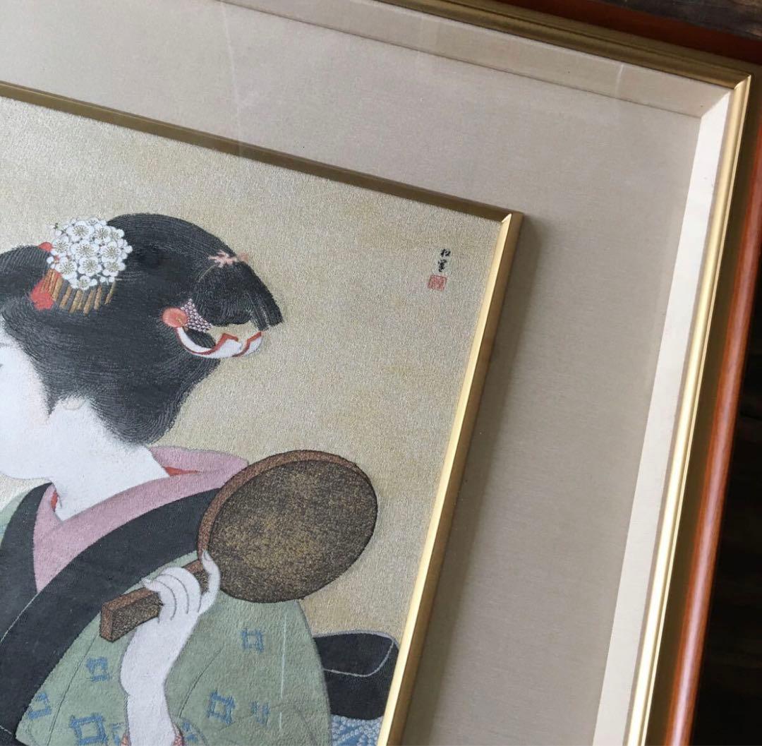 上村松園 鴛鴦髷 西陣織 小高念記 織物画 刺繍画 額装 伝統工芸 D