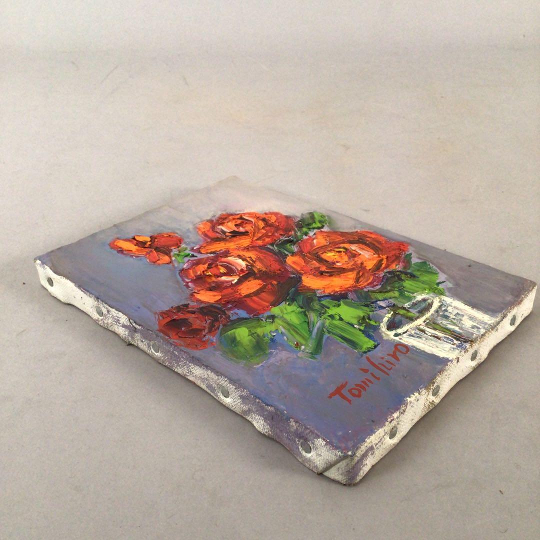 No3888 額装　真作　金原富広「バラ」　2000年 油彩画　裏書有 送料無料