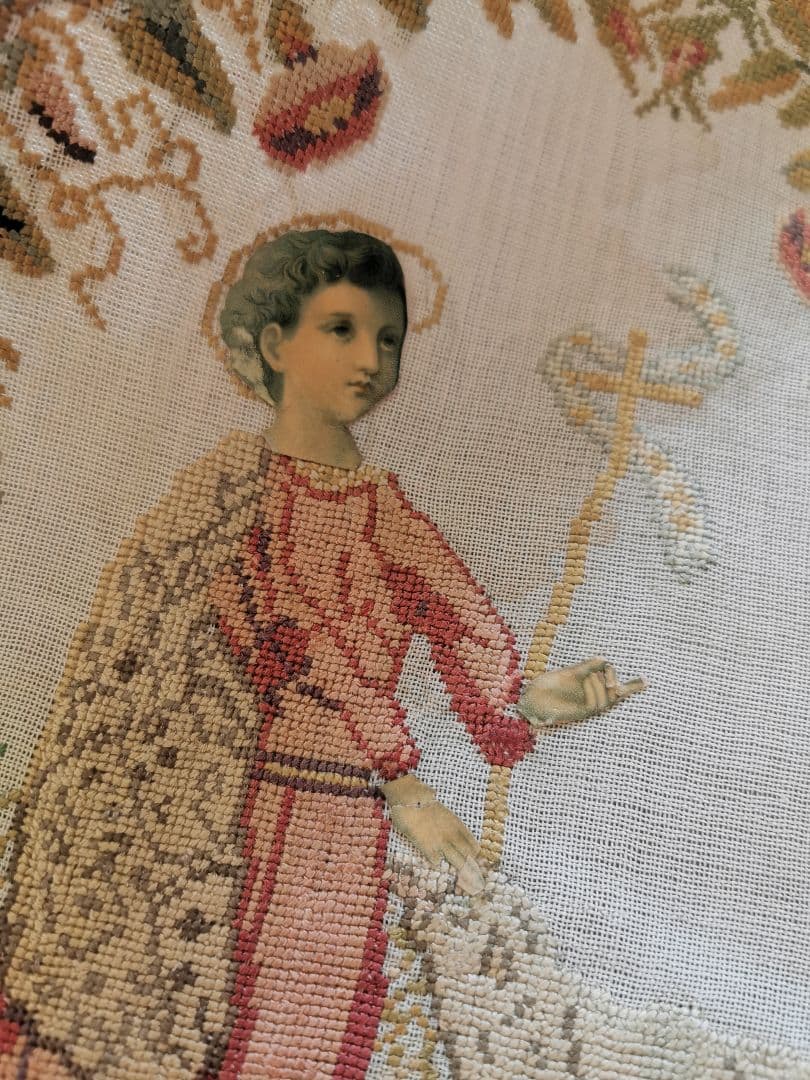 アンティーク 洗礼者聖ヨハネと羊プチポワン 薔薇朝顔菫ニードル