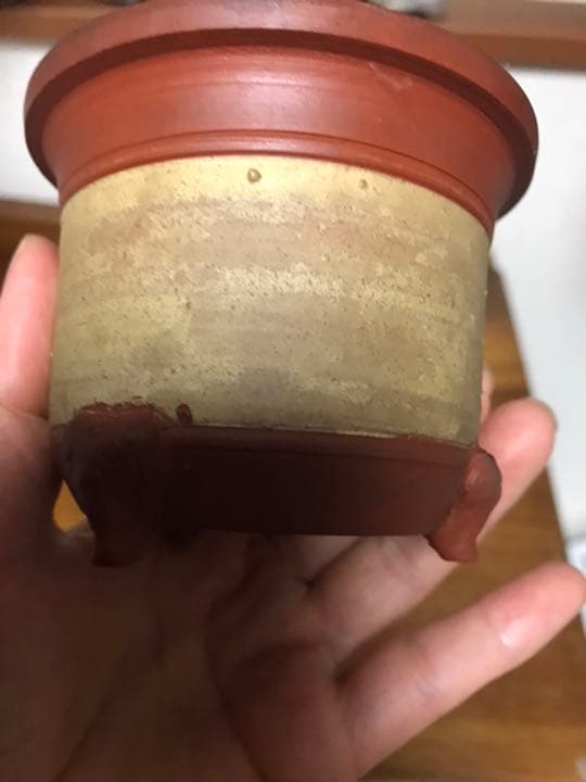 盆栽鉢　時代ミニ盆栽鉢常滑名工泥珠3つ足釘彫山水画朱泥ミニ盆栽鉢