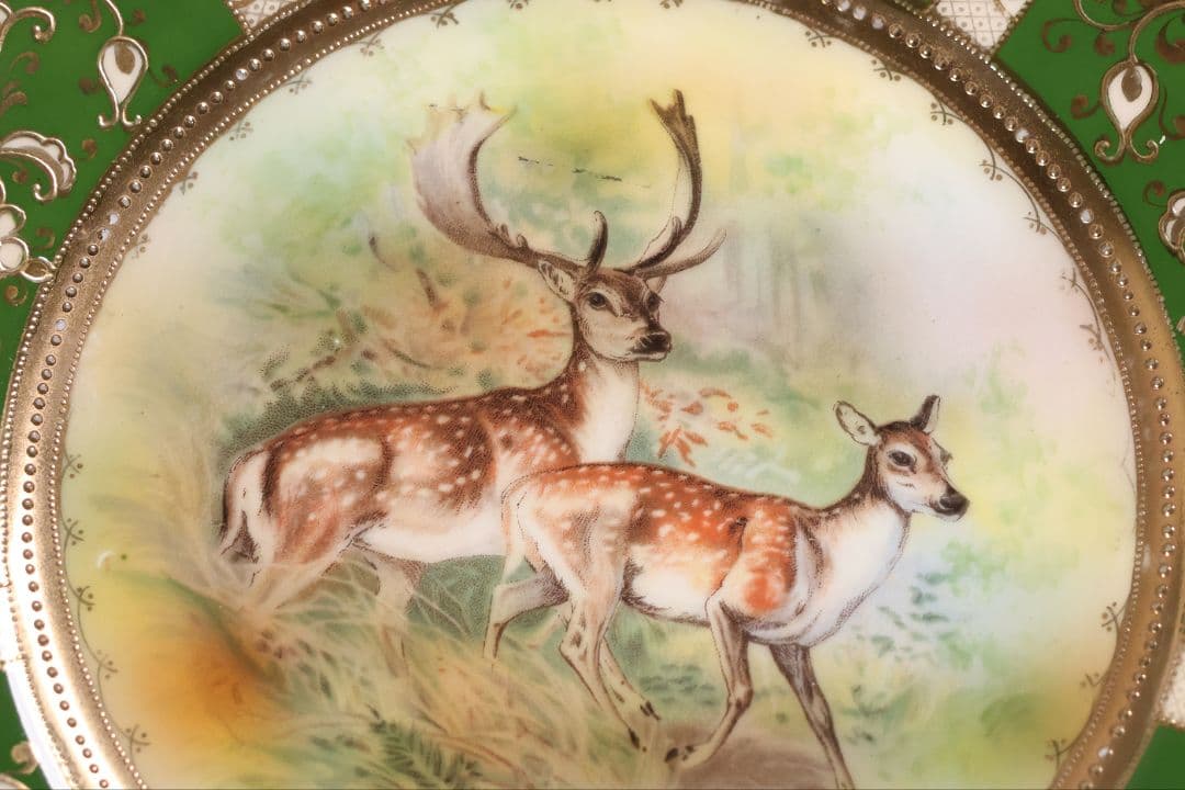 CM298】オールドノリタケ 鹿 皿 プレート 金彩 盛上 緑 グリーン 明治