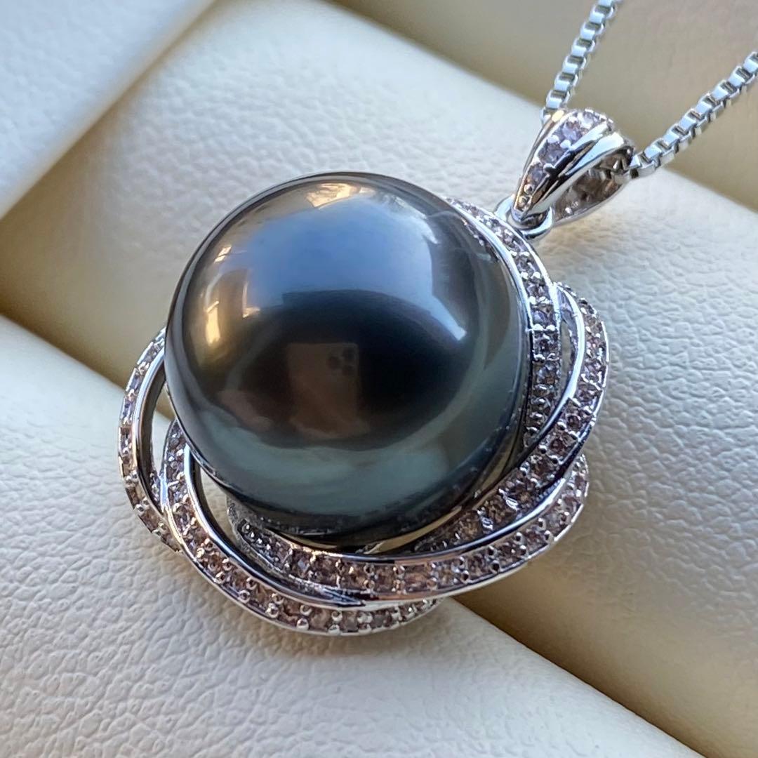 本真珠 南洋黒蝶真珠ネックレストップ 13mmダークグリーンPT884