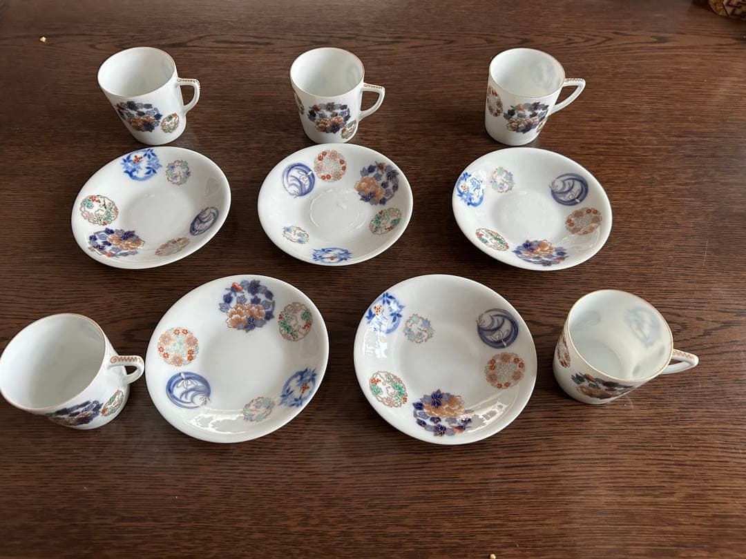 ビンテージ、オールド深川製磁、金彩染錦花丸紋 コーヒーカップセット 染錦