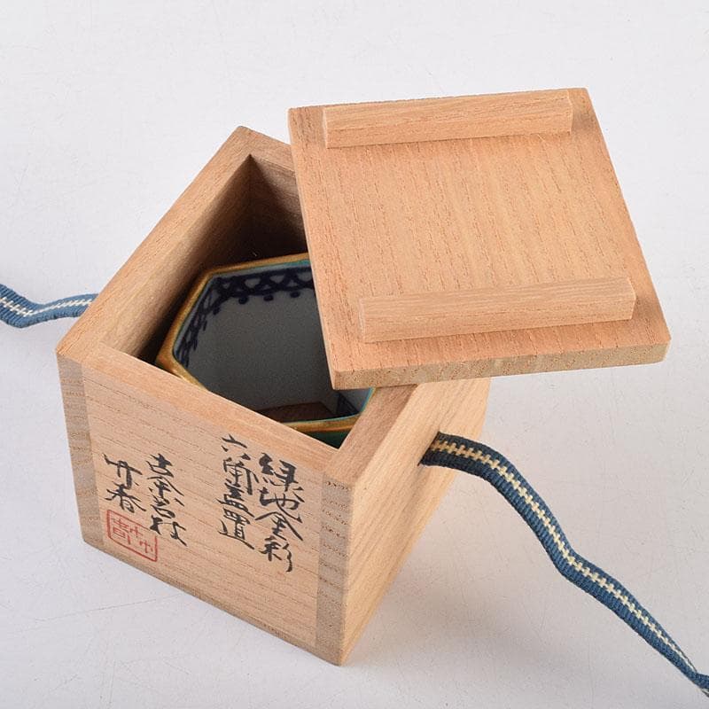 茶道具 古余呂技窯 川瀬竹春作 緑地金彩 六角蓋置 共布共箱 Z 8907