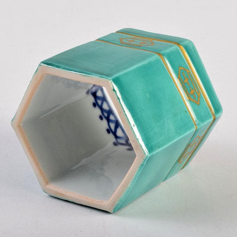 茶道具 古余呂技窯 川瀬竹春作 緑地金彩 六角蓋置 共布共箱 Z 8907