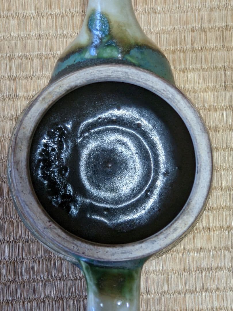 ♢民藝 琉球焼 緑釉流し掛け 箆彫り 草花文 水注 ポット