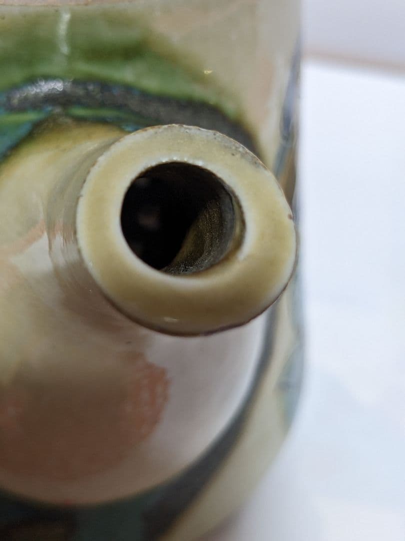 ♢民藝 琉球焼 緑釉流し掛け 箆彫り 草花文 水注 ポット