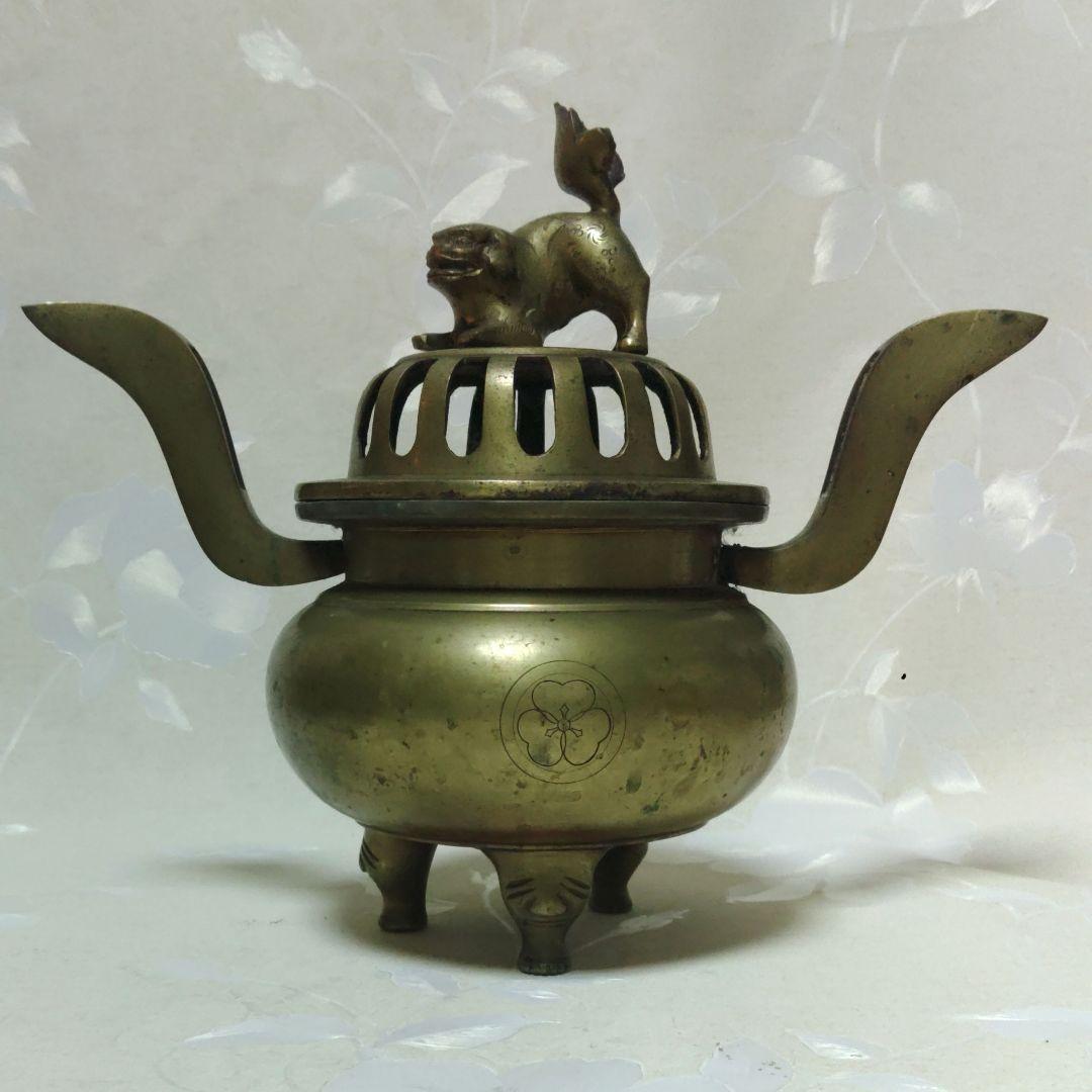 香炉 寺院仏具 獅子摘双耳三足香炉 真鍮製 金属工芸 ミ10