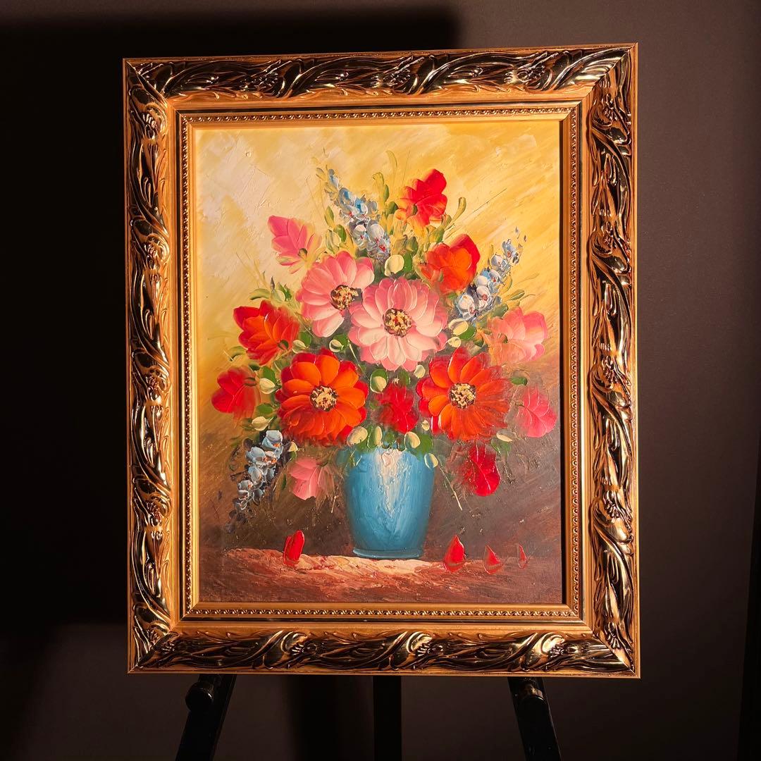 手書き油絵 花瓶の花 額付 肉筆絵画 インテリア 油彩画 - メルカリ