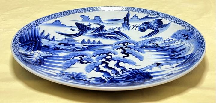 有田焼 山徳窯 染付山水絵 超大皿 飾り皿 直径約45.8センチ 古美術品