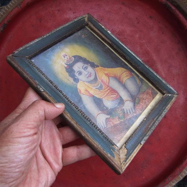 インドの古い宗教絵画 額装 ベビークリシュナ アンティーク