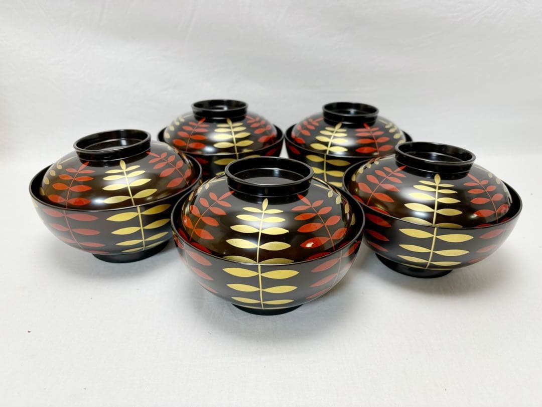 未使用 懐石道具 塗師 岡本陽斎作 木製黒真塗 金彩蒔絵 煮物椀 5客揃 共箱