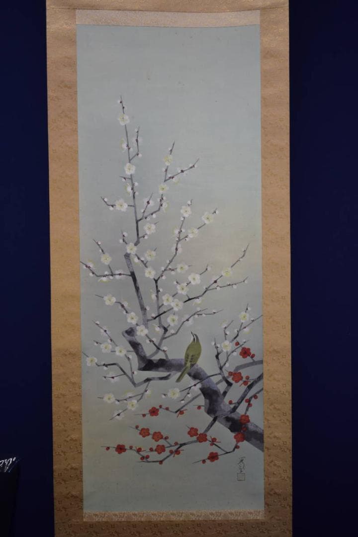 真作/新山晃司/紅白梅鴬図/桐共箱二重箱付/布袋屋掛軸HF-985