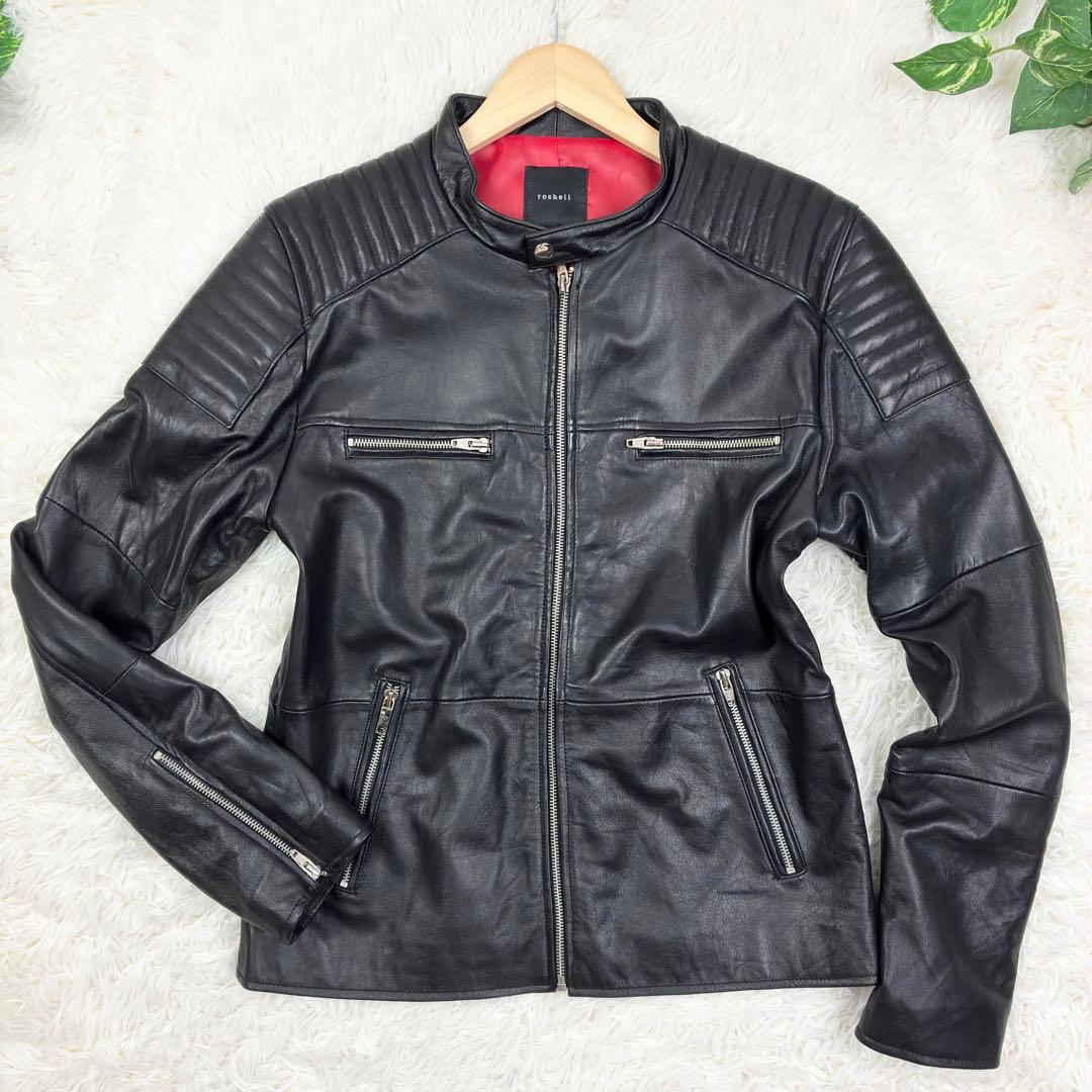 美品 ロシェル 本革 シングルライダース レザージャケット 蛇腹デザイン L