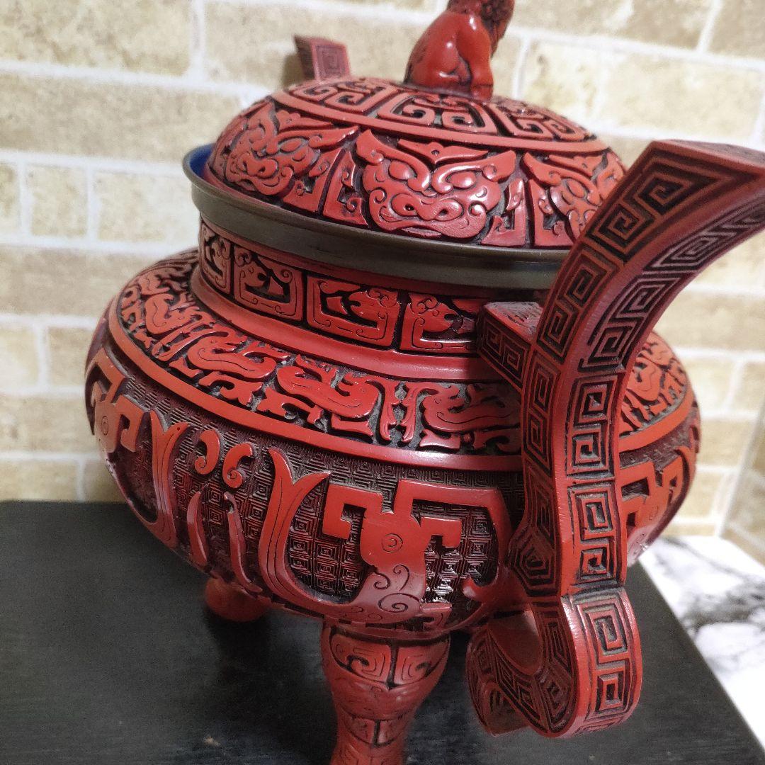 希少】中国 堆朱 三足香炉 大香炉 香道具 獅子 細密彫刻 饕餮古獣