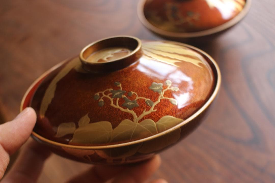 デッドストック！極上内朱梨地に優美な鳳凰蒔絵の映えるお椀2点（検輪島塗雑煮椀