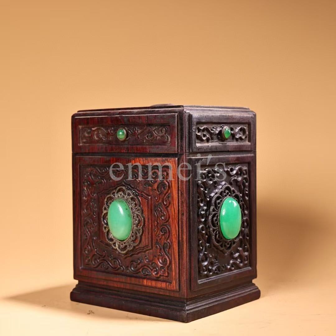 珍品旧藏収・紅木高浮彫 茶葉缶・木製彫刻収納箱・翡翠装飾置物・