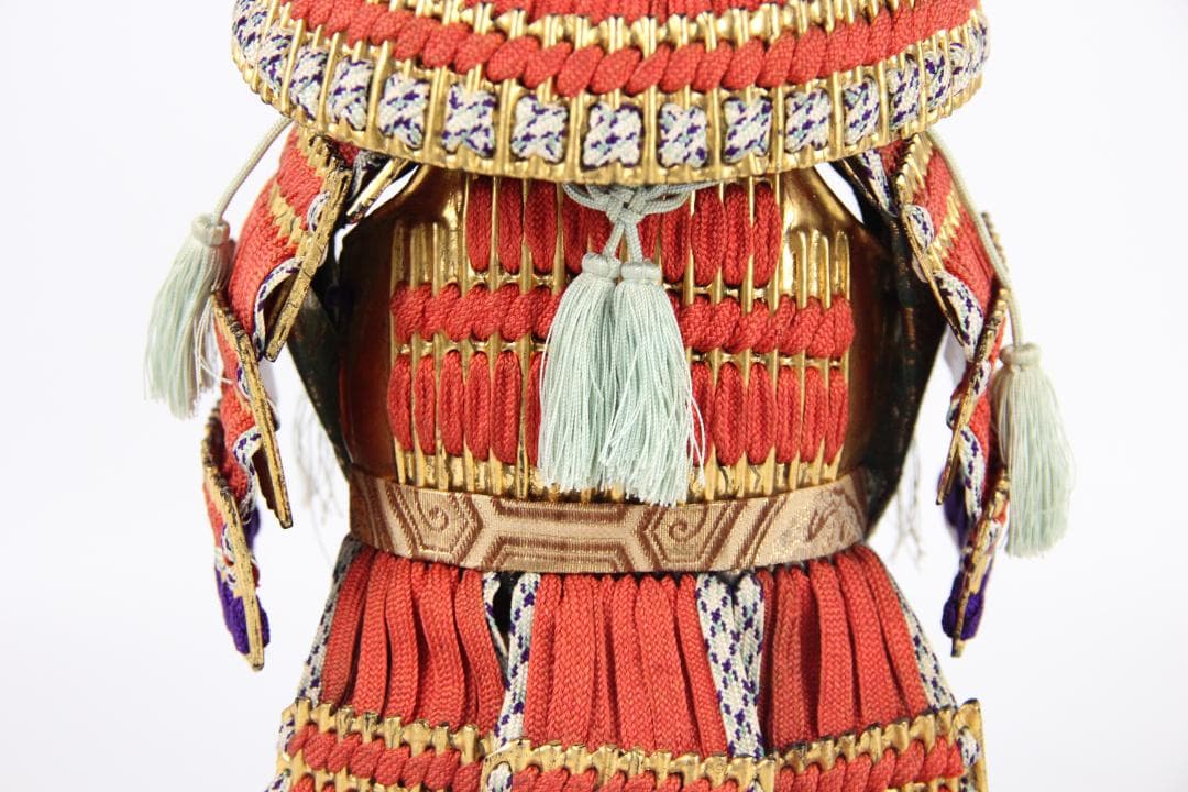 明治 谷本要助作 武者 赤糸威 金色兜 蝙蝠男面 鎧飾り