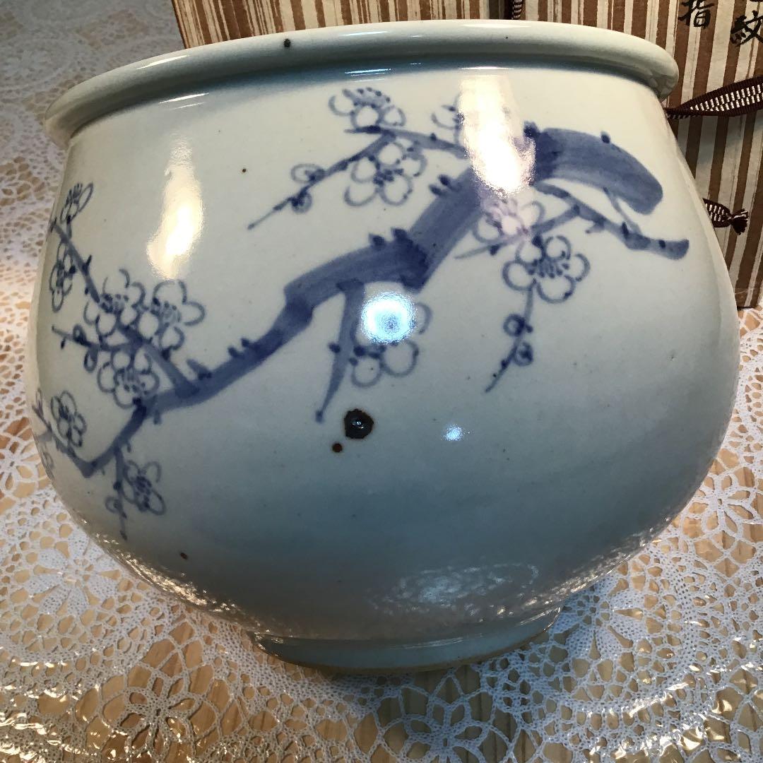 茶道具 水指 青花梅花紋 水指 古作 共箱N516AL