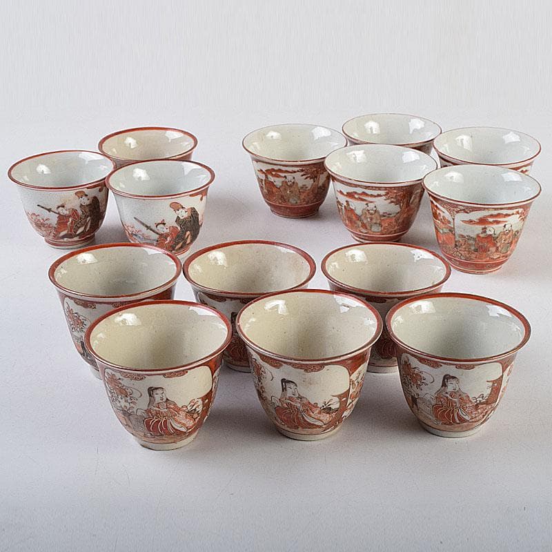 九谷焼 古九谷 赤絵金彩 煎茶碗 3種十四客まとめて 時代箱付 D R9502