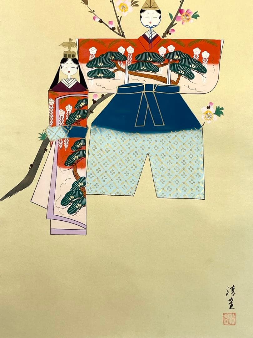 長谷川清堂 「雛之図」 真筆肉筆品 ひな祭り 日本画 掛け軸 掛軸 茶掛 絵画