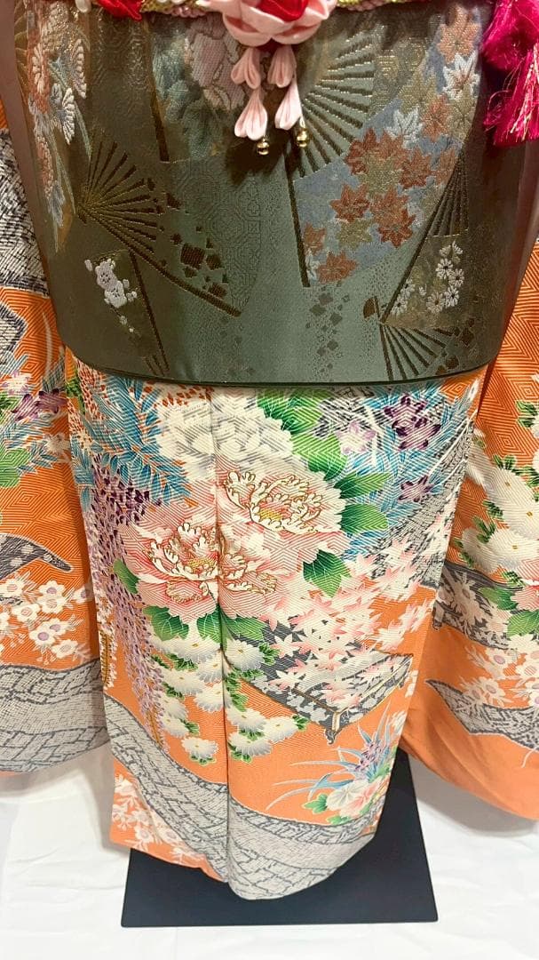 美品】振袖フルセット成人式6点セット オレンジ/緑/黒/ピンク/花柄/