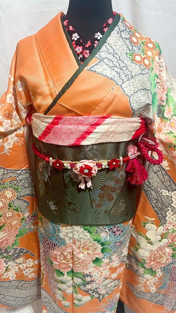 美品】振袖フルセット成人式6点セット オレンジ/緑/黒/ピンク/花柄
