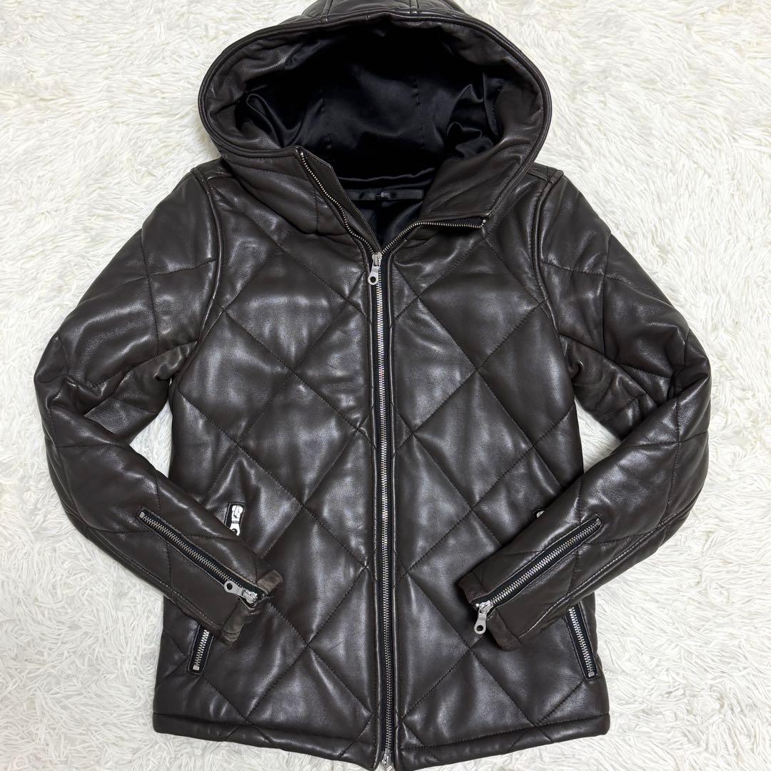 良品】NO ID. ラムレザージャケット 羊革 キルティング フード