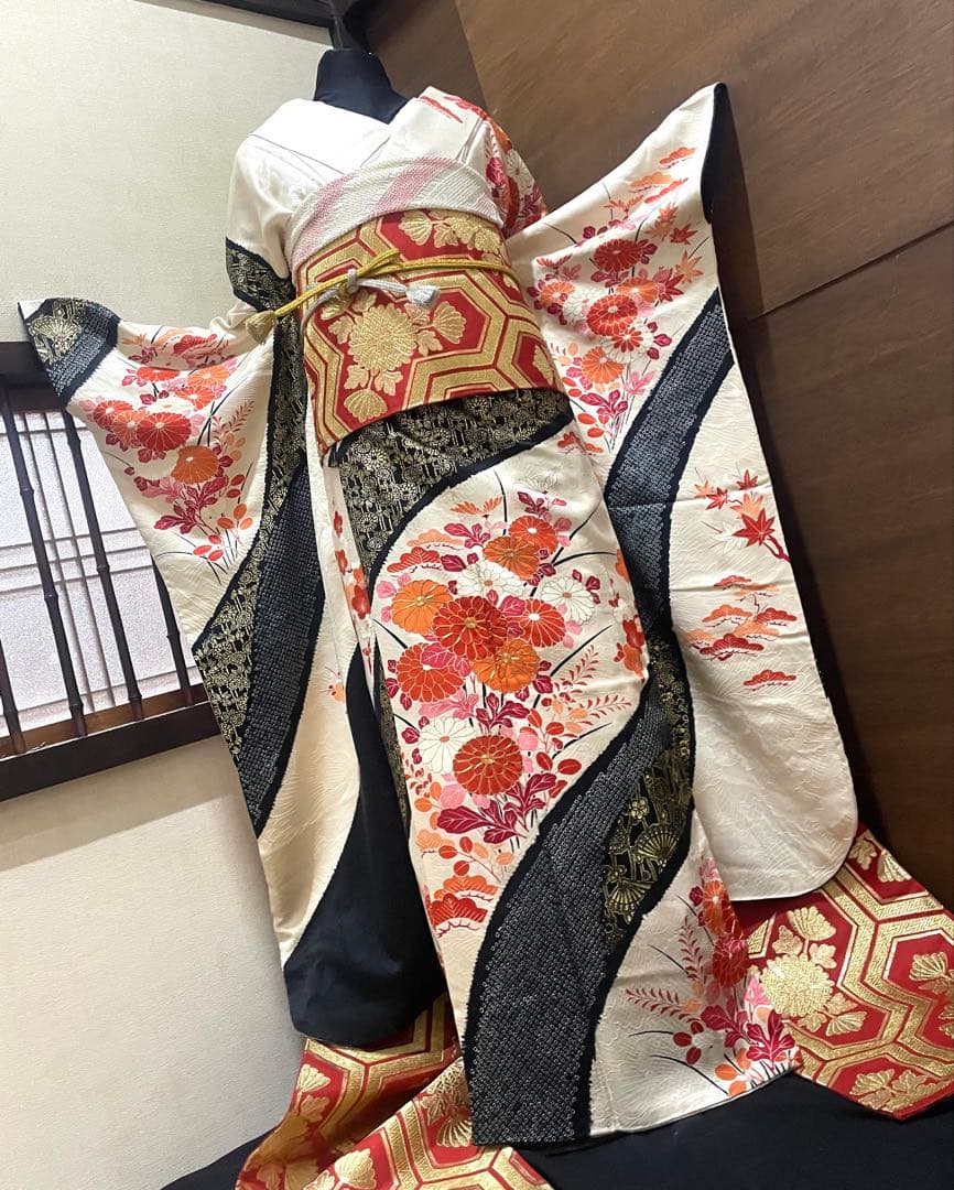 振袖 フルセット6点サイズM〜L駒刺繍 絞り 檜扇枝花