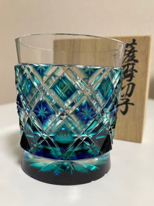 薩摩切子 切子グラス 青 箱あり 伝統工芸品