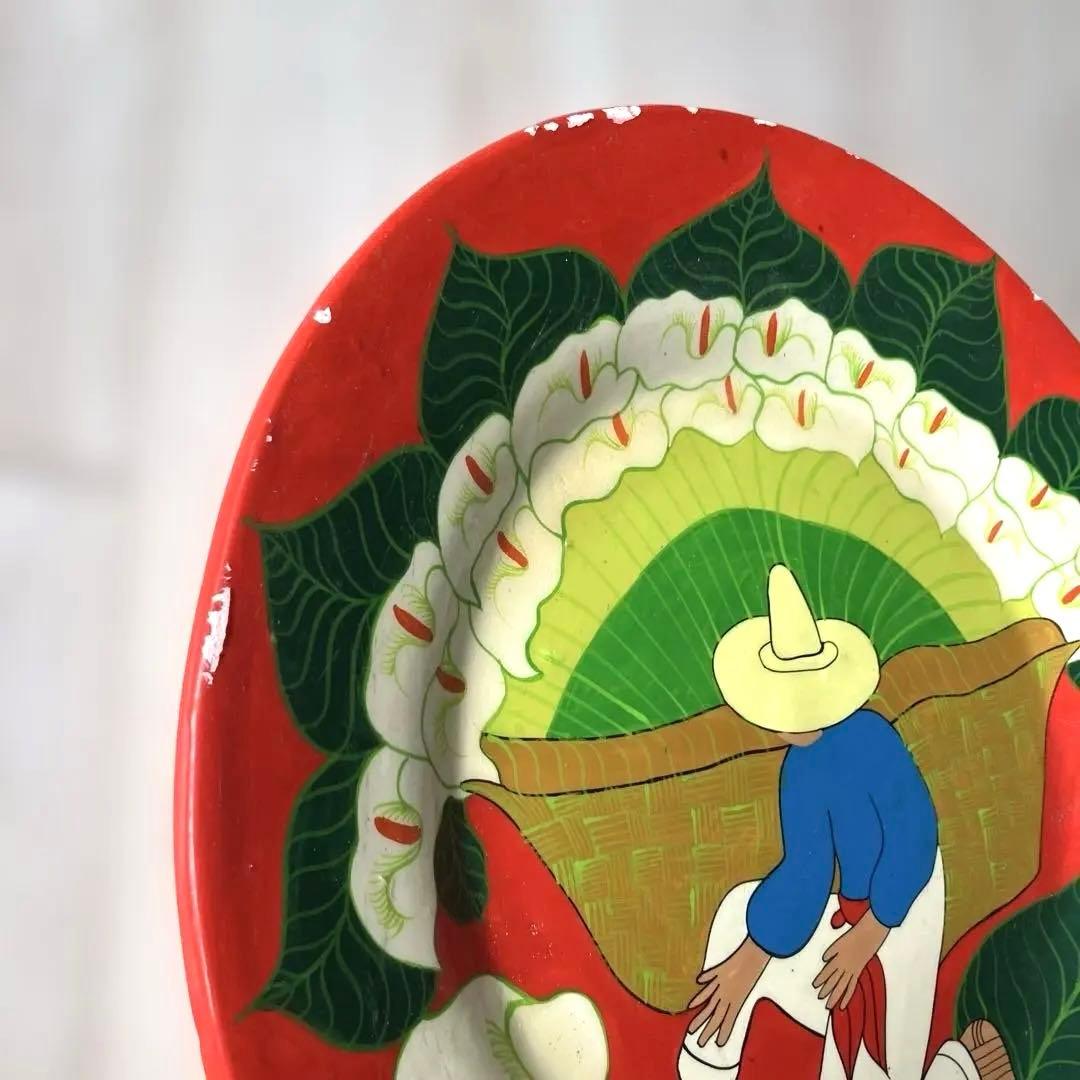 匿名配送ヴィンテージ 】メキシコ絵皿大 植物カラーのお花イラストの