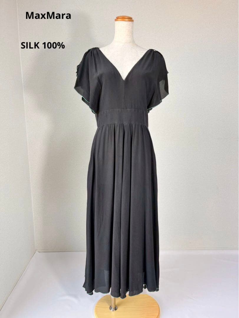 MaxMaraマックスマーラ シルク フレア袖 ロングワンピース ドレスY830