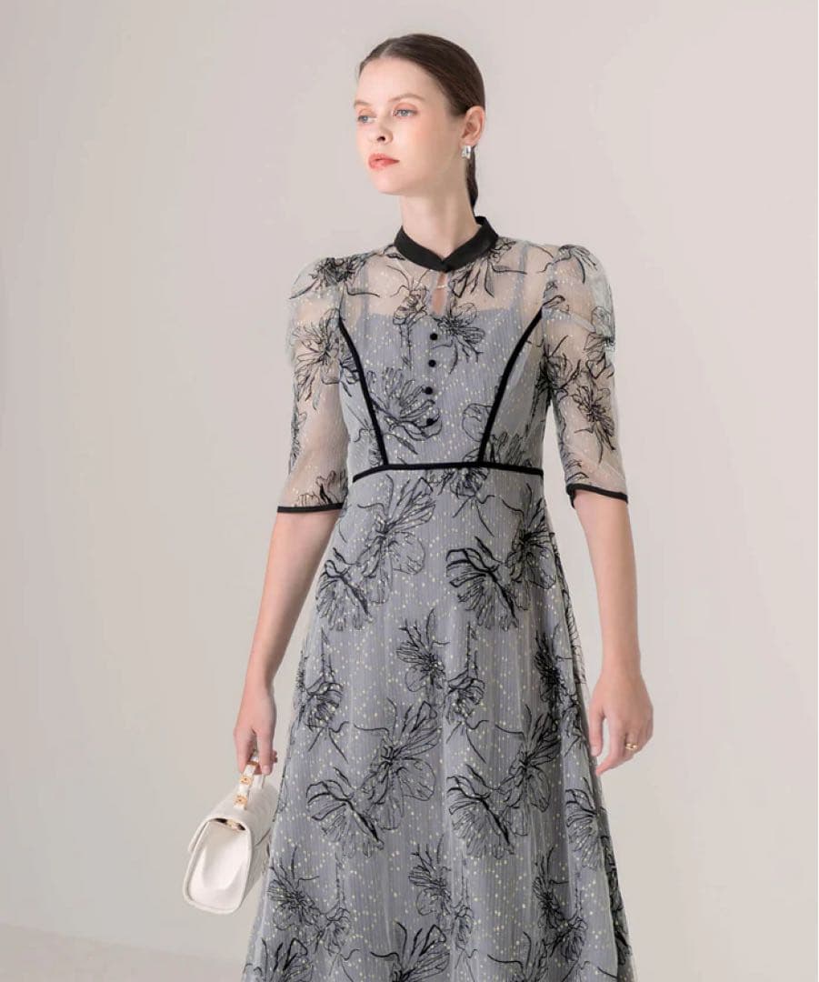 レジャLeja パイピングハイネック花柄ラメレースワンピースドレス Lサイズ